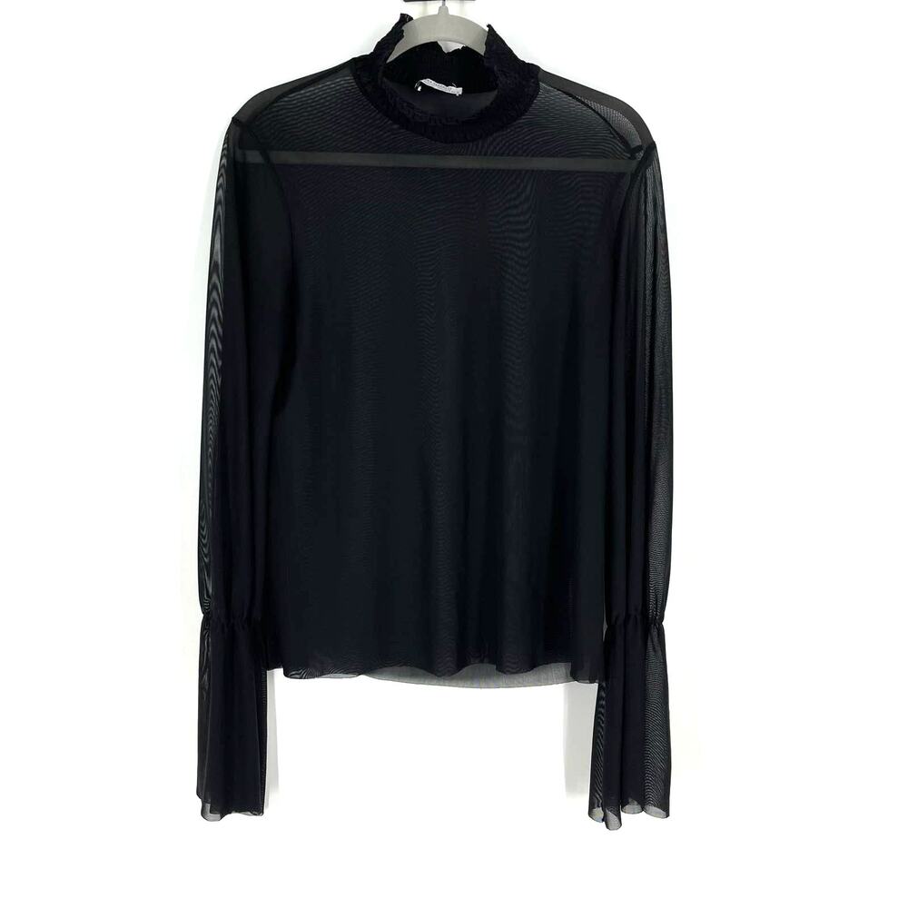 Zara Black Sheer Blouse High Neck Medium‎ Long Bell Sleeves